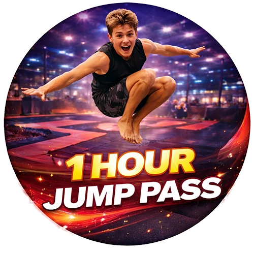 A young man wearing athletic clothes jumps energetically at an indoor trampoline park. The text below him reads, 