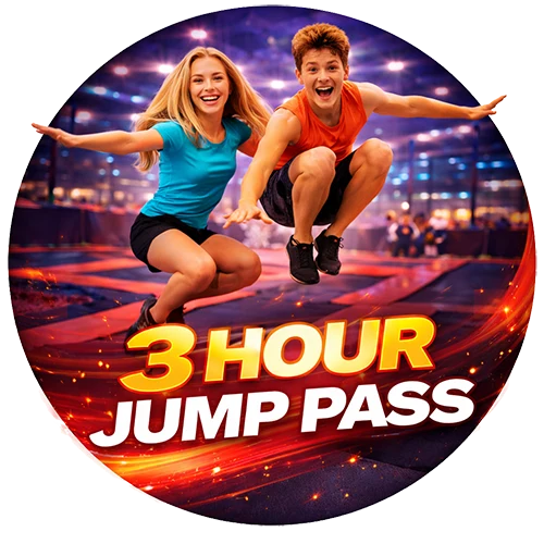Two smiling young people, a woman and a man, are jumping together indoors on trampolines. Bold text below them reads, 