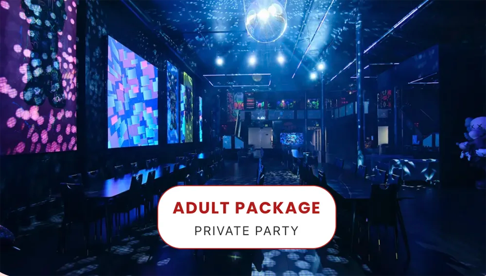A modern, dimly lit party venue with digital light patterns on the walls and a disco ball overhead. Long tables and chairs are arranged for guests. Text overlay reads: "Adult Package, Private Party.