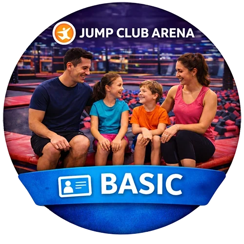 A smiling family of four sits together at an indoor trampoline park called Jump Club Arena. The image features a 