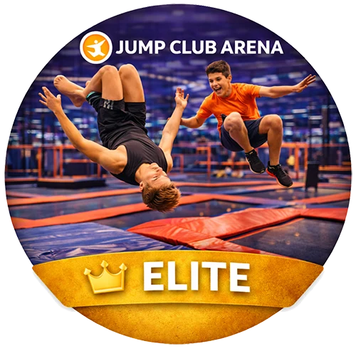 Two boys mid-air performing flips on trampolines at an indoor trampoline park, with 