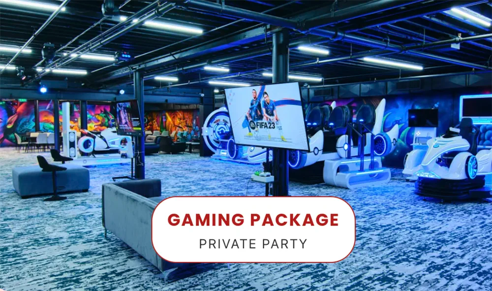 A modern gaming lounge with arcade machines, racing simulators, colorful wall art, and neon lighting. A screen displays FIFA 23. Text overlay reads "GAMING PACKAGE PRIVATE PARTY.