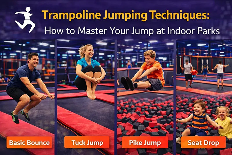 Four people demonstrate trampoline jumping techniques at an indoor park: a man does a basic bounce, a woman shows a tuck jump, a boy performs a pike jump, and two children do a seat drop into a foam pit.