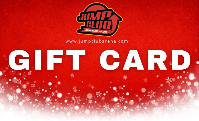 Red and white Jump Club Arena gift card with snowflake decorations, large bold text reading "GIFT CARD," and the Jump Club Arena logo and website at the top.
