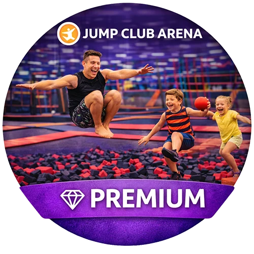 A man and two children are jumping and playing in a colorful indoor foam pit at Jump Club Arena. The image has a purple 