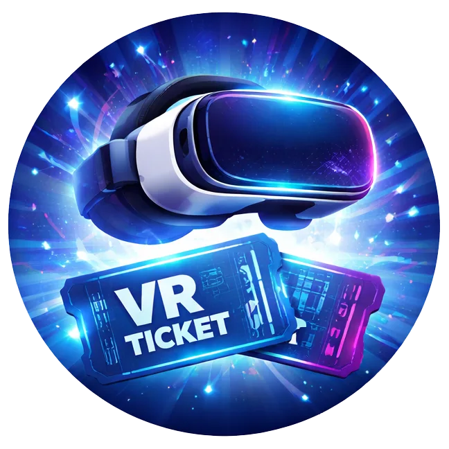 A pair of virtual reality goggles hovers above two glowing VR tickets against a vibrant, blue and purple, futuristic background with light streaks and sparkling effects.